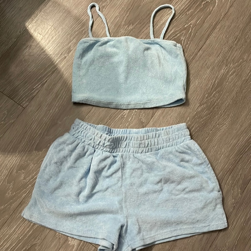 High-Waist Terry Lounge Shorts in Light Blue